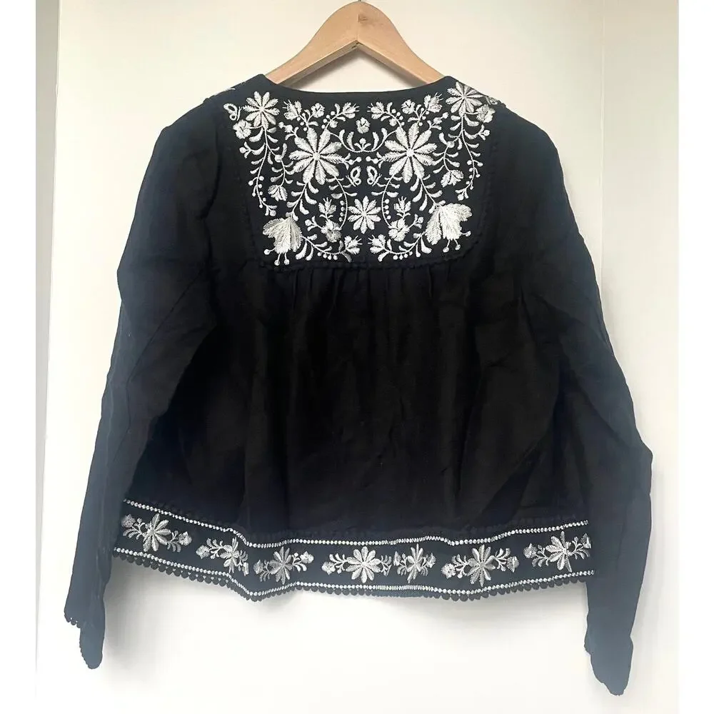 Kate Spade Black Linen Blend Crop Jacket Floral Embroidery Womens Medium